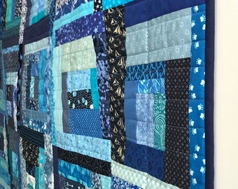 Blue Tonal Scrappy Quilt, Fiber Art Wall Hanging, Lap Quilt or Accent Throw, housewarming gift