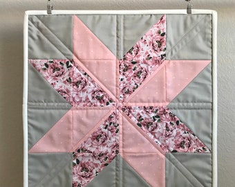 Eight-Point Star Pink Polka Dots and Roses Quilt Wall Art piece Nursery decor Handmade