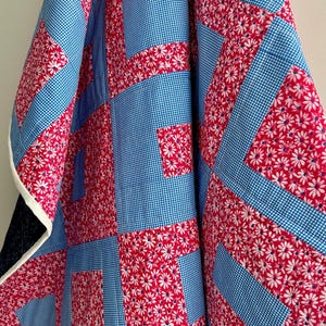Modern Americana Patchwork Quilt, Floral and Plaid Patriotic blanket, American flag decor, red white and blue throw
