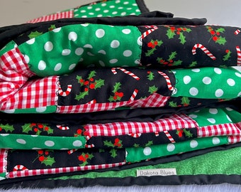 Modern Christmas Patchwork Quilt, candy canes, holly berries, red, green, black throw