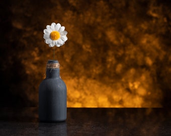 Fine art, still life photograph. Daisy in rustic bottle.