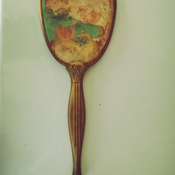 Old Antique Hand mirror with Swans vintage Victorian gold plated Art Deco 1930's