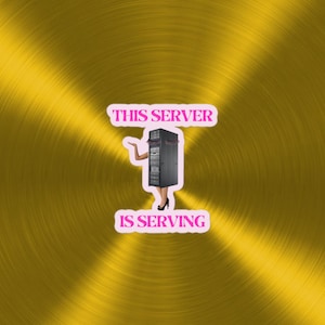 May include: A server rack with eyelashes and arms is standing on a gold background. The text "This server is serving" is written in pink letters on a white background.