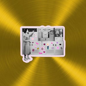 May include: A woman stands in front of a large, vintage computer system with a light grey exterior. The computer has multiple panels with various buttons and knobs. The panels are decorated with colourful stickers, including flowers, hearts, and cartoon characters.