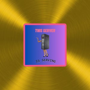 Può includere: Uno sfondo blu e viola con un bordo rosa. Il testo "THIS SERVER IS SERVING" è scritto in rosa. Un rack server di cartoni animati con gambe e braccia è in piedi al centro dell'immagine.