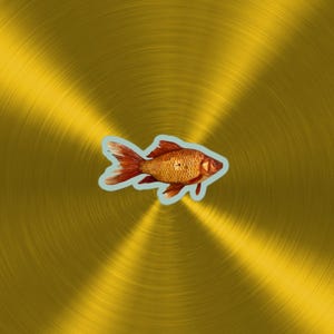 以下が含まれることがあります： オレンジ色の鱗と赤い尾を持つ金魚の詳細なイラスト。金色のテクスチャ背景に配置されています。魚は水色で縁取られており、印象的なコントラストを生み出しています。