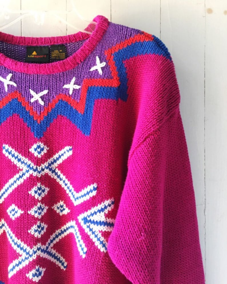 Vintage 80s Liz Sport Magenta Pink Purple Blue Knit Oversized White Snowflake Winter Design Sweater M