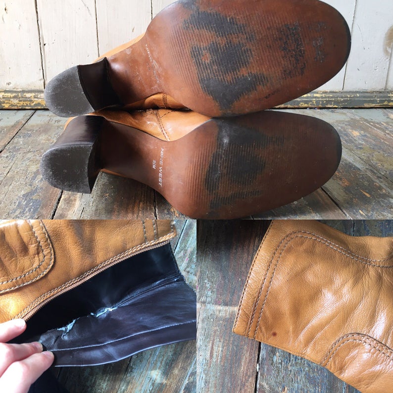 Vintage 90s Nine West Tan Brown Leather Side Zip Short Ankle High Heeled Boots 9.5