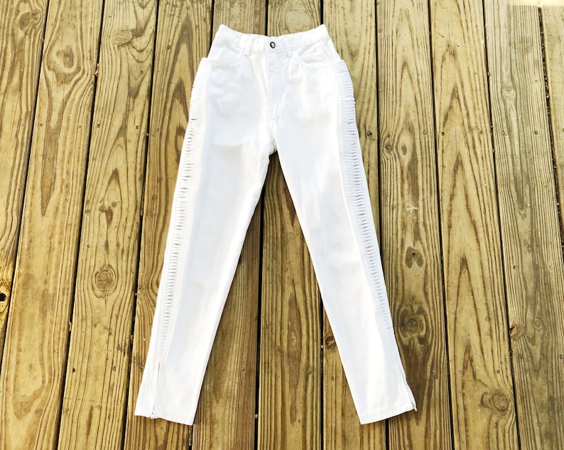 Vintage 80s 90s LA Gear High Waisted White Denim Accented Trim Tapered Jeans XS 24 x 27.5