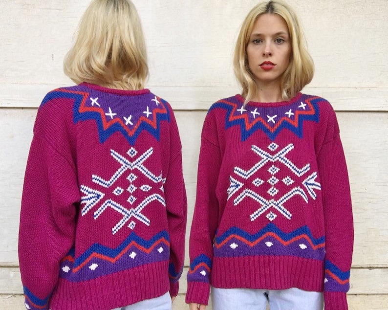 Vintage 80s Liz Sport Magenta Pink Purple Blue Knit Oversized White Snowflake Winter Design Sweater M