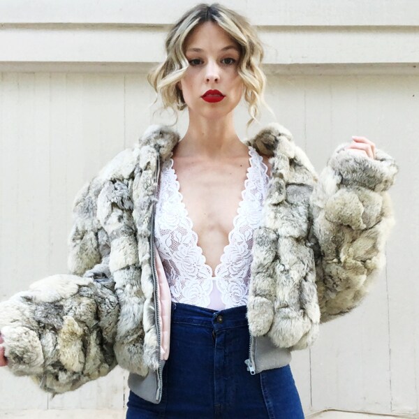 Vintage Silver Gray Super Soft Patchwork Oversized Fluffy Rabbit Fur Zip Up Bomber Jacket Winter Coat S/M