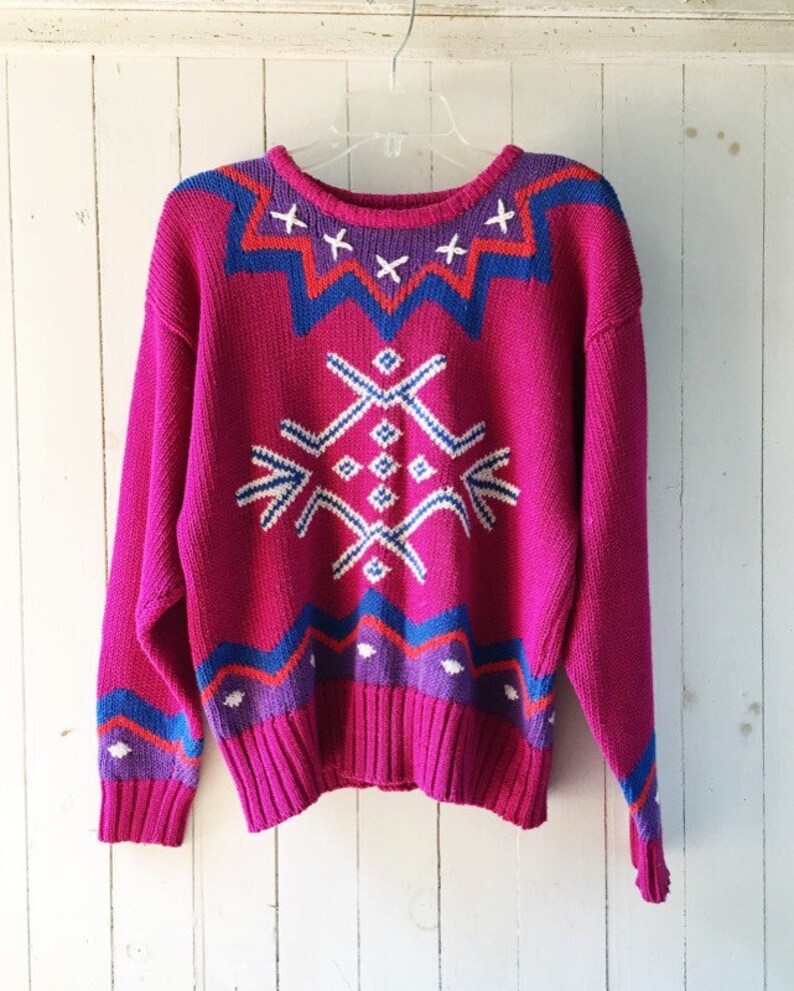 Vintage 80s Liz Sport Magenta Pink Purple Blue Knit Oversized White Snowflake Winter Design Sweater M