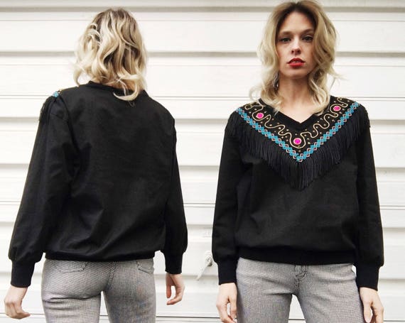 Stunning! Vintage 1980\u2019s Bejeweled Rhinestone Studs Jeweled Black Sweater