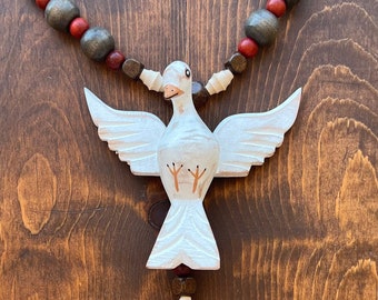 Wooden Rosary with Holy Spirit and Sacred Heart of God. White Dove. Handmade with love.