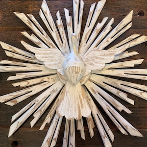 Holy Spirit Wall Art 19”  Hand Carved White Trinity Dove Catholic Gift Personalized Wood Plaque Christian Wall Decor