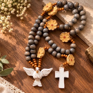 Wooden Bead Garland with Heart, Dove Rosary , and Flowers, Rustic Wall Decor
