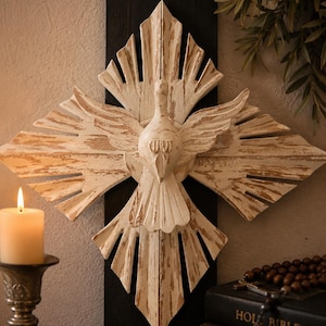 Hand Carved Wooden Holy Spirit Dove Plaque | Baroque Trinity Wall Art | Christian decor