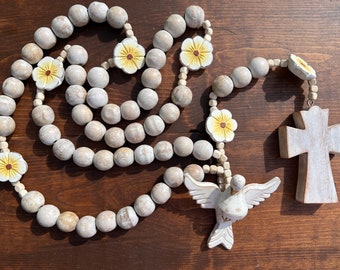 Wooden Rosary with Holy Spirit and Sacred Heart of God. White Dove. Handmade with love. Three feet and ten inches long.