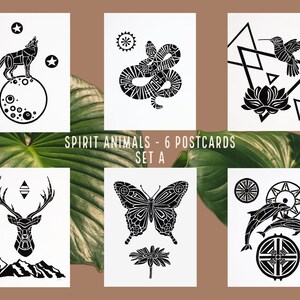 Set of Six Postcards, Various Animal Drawings, Spirit Animal Art, Black and White, Geometrical