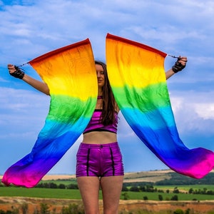 Silk Flag Poi Pair  Rainbow color ( 8mm silk )