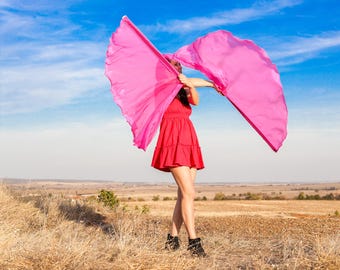 Poi de bandera de seda rosa con postes telescópicos - Par