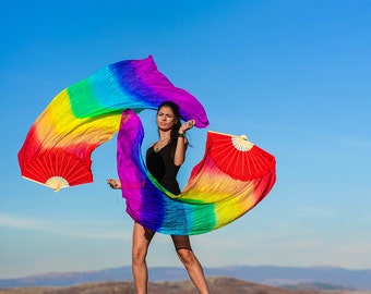 Rainbow Silk Fan Poi: Belly Dance Veil, 1.5 m (Pair) US import tax included