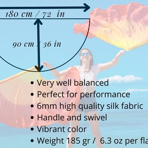 May include: A pair of vibrant, flowing flags in shades of yellow, orange, and red. The flags are 72 inches wide and 36 inches long, made of 6mm high-quality silk fabric. Features include a handle and swivel, and weigh 6.3 oz per flag poi.