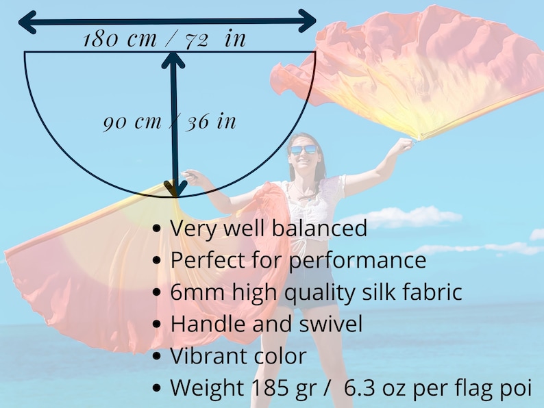 May include: A pair of vibrant, flowing flags in shades of yellow, orange, and red. The flags are 72 inches wide and 36 inches long, made of 6mm high-quality silk fabric. Features include a handle and swivel, and weigh 6.3 oz per flag poi.