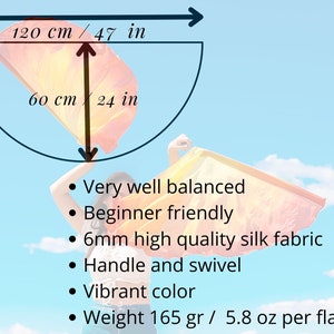 May include: A pair of vibrant orange and yellow silk flags, each measuring 47 inches wide and 24 inches long, are displayed against a blue sky. The flags are designed for beginners, with a handle and swivel. The weight is 5.8 oz per flag.