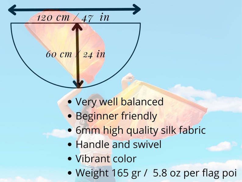 May include: A pair of vibrant orange and yellow silk flags, each measuring 47 inches wide and 24 inches long, are displayed against a blue sky. The flags are designed for beginners, with a handle and swivel. The weight is 5.8 oz per flag.