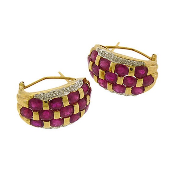 14K gold ruby and diamond half hoop earrings, cir… - image 2
