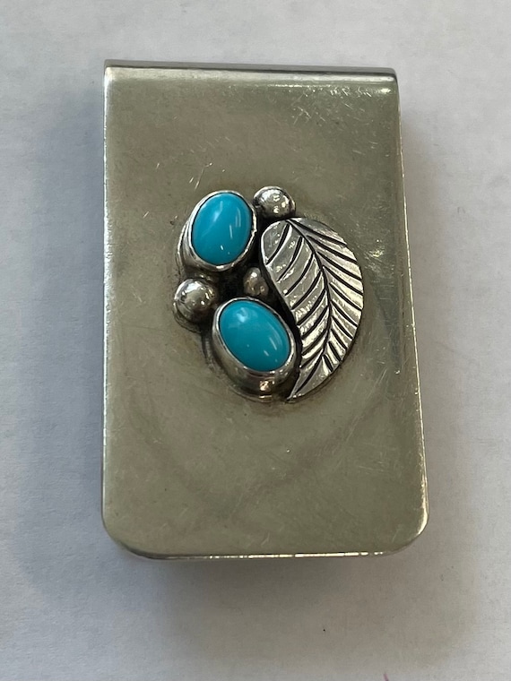 White metal money clip with turquoise and leaf