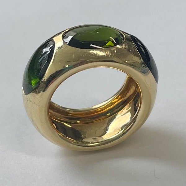 18K yellow gold Pomellato ring with three cabochon green tourmaline