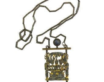 Vintage Throne of Buddha Sterling and Gold with Lapis Pendant Necklace
