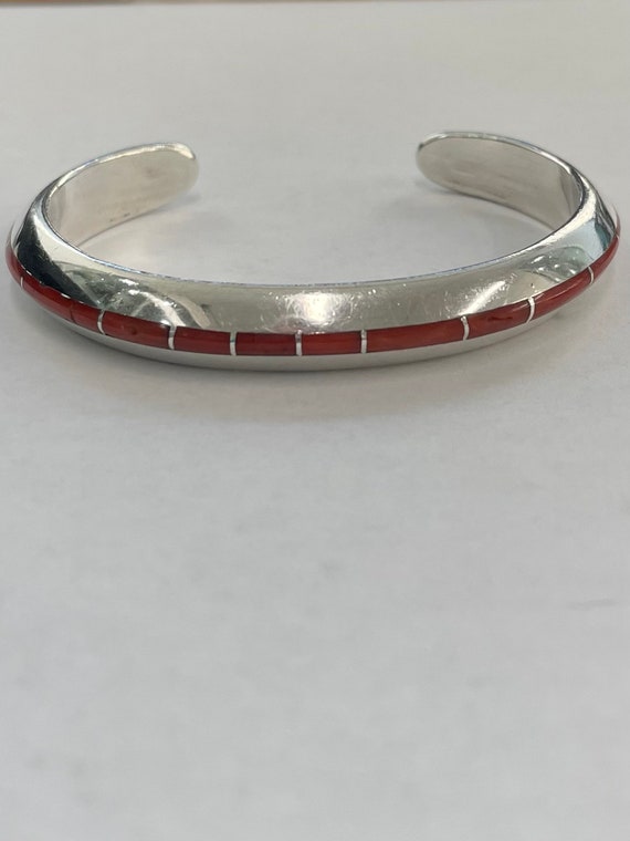 Sterling silver coral inlay cuff bracelet by Navaj