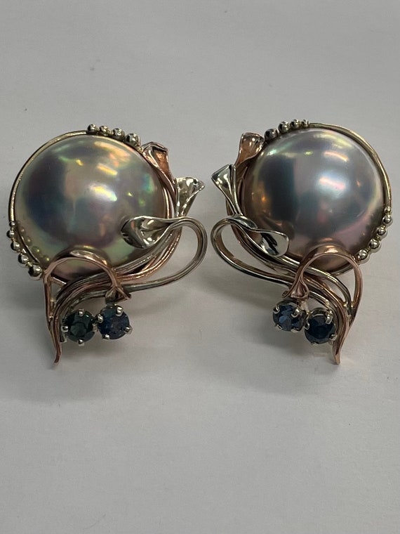 Angela Conty 14K mobe pearl earrings with sapphir… - image 2