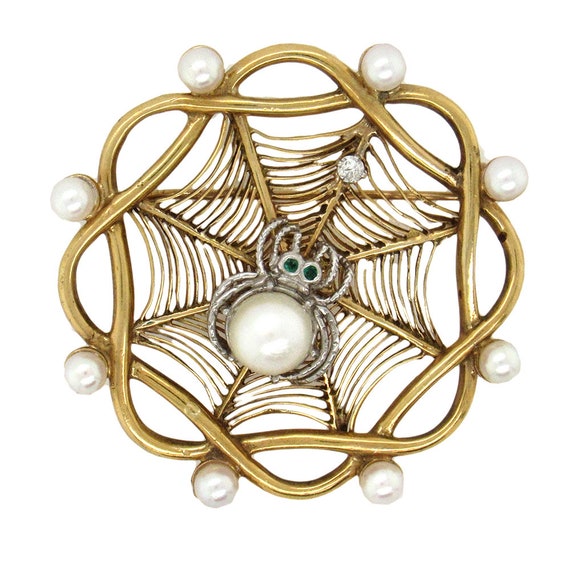 14K gold spiderweb with spider brooch, circa 1960… - image 1
