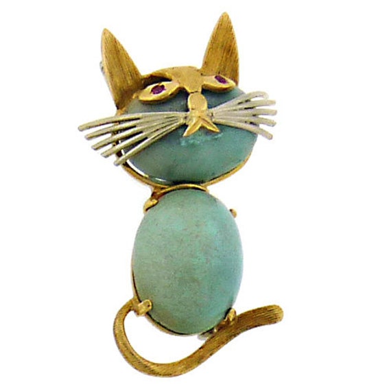 1960 年代の 18K イエロー ゴールド製ターコイズ「猫」ブローチ - Etsy