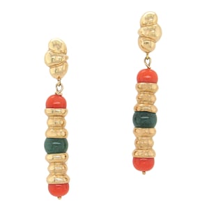 14K gold drop earrings with coral and green aventurine
