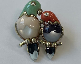 14K gold brooch with two multi gemstone birds by Asch Grossbardt