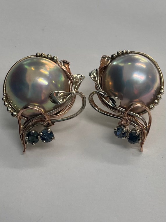 Angela Conty 14K mobe pearl earrings with sapphir… - image 1