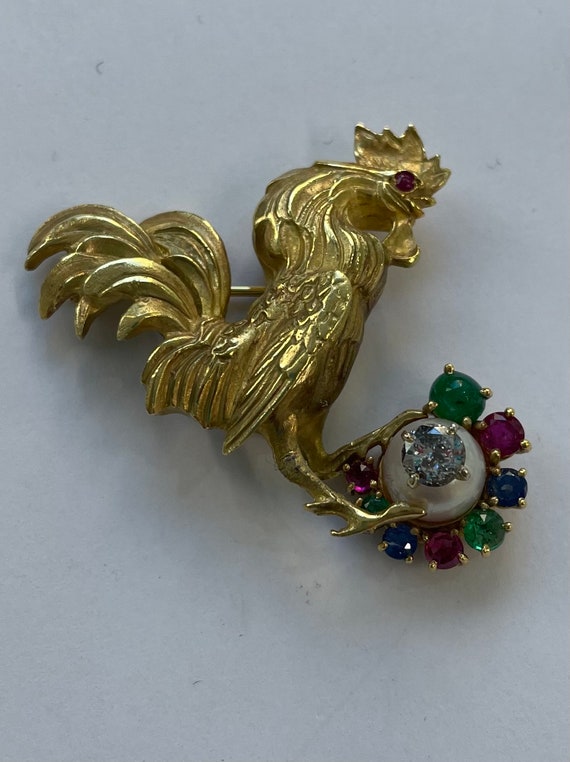 18K yellow gold Rooster brooch with diamond, emer… - image 3