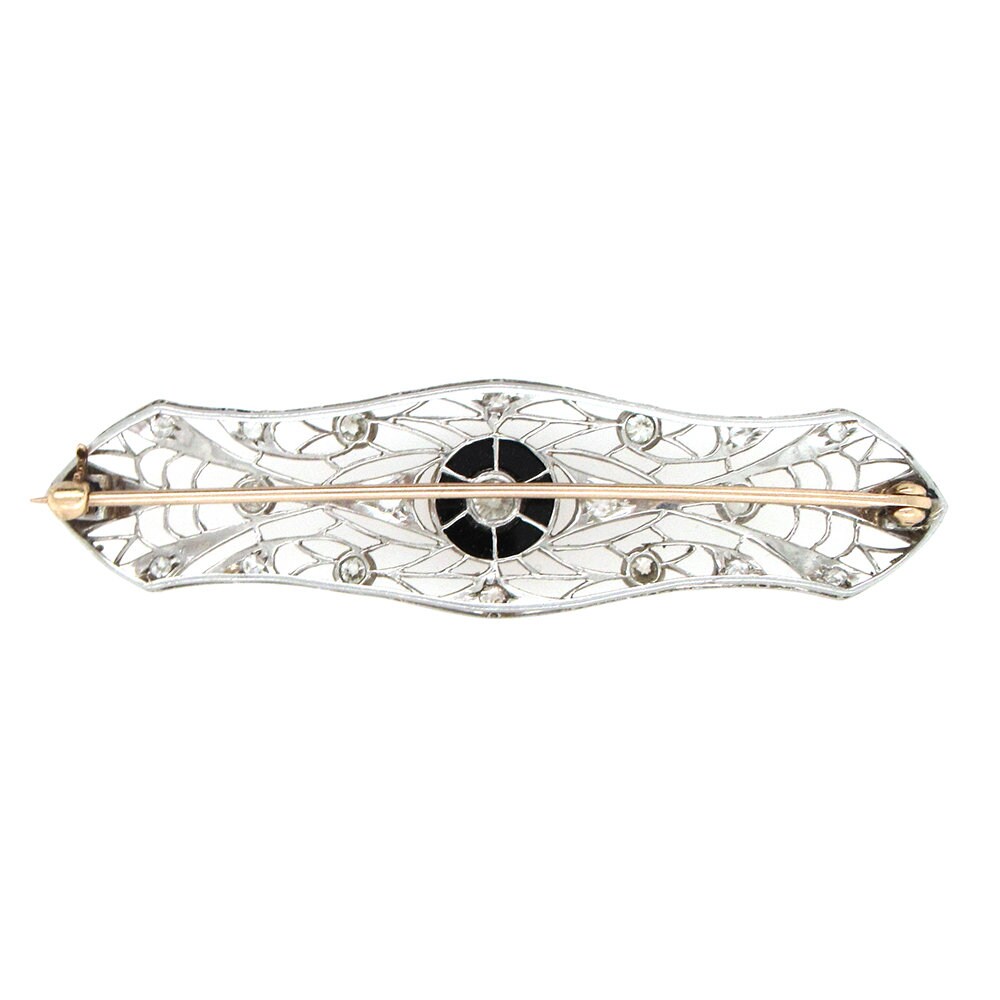 Platinum Filagree Brooch With Diamonds and Black Onyx Circa