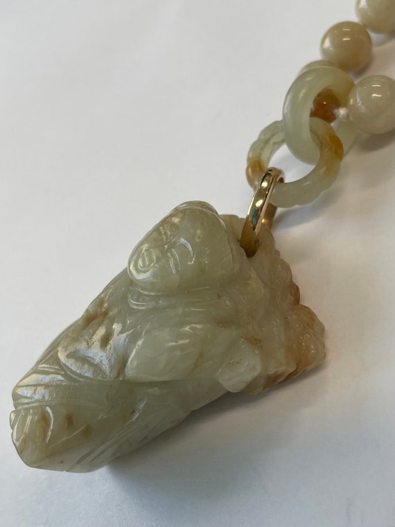 Carved jade pendant on jade beads with 14K ring a… - image 5