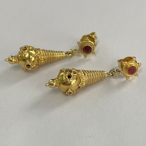 22K gold Etruscan style drop earrings with rubies