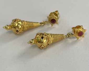 22K gold Etruscan style drop earrings with rubies