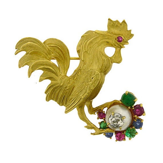 18K yellow gold Rooster brooch with diamond, emer… - image 2