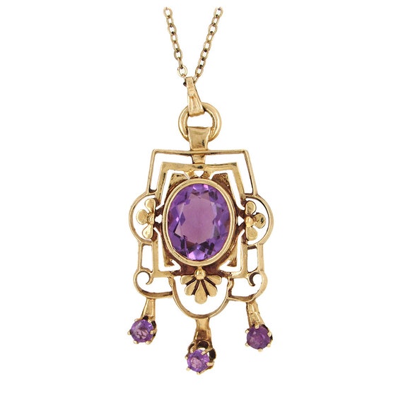 14K yellow gold Art Nouveau amethyst pendant on ch