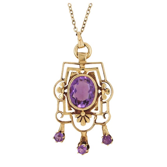 14K yellow gold Art Nouveau amethyst pendant on c… - image 1