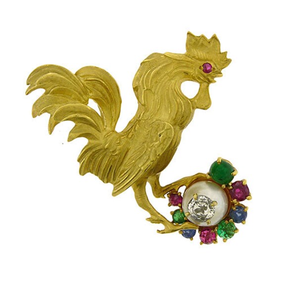 18K yellow gold Rooster brooch with diamond, emer… - image 1